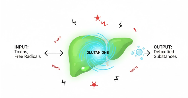 Medical illustration showing glutathione helping the liver detox harmful toxins